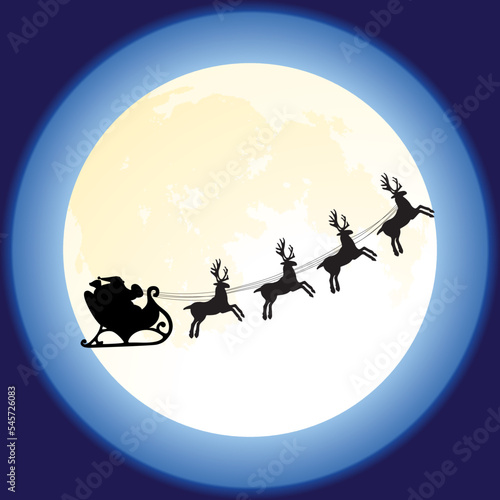 santa claus and deers flying in front of the moon