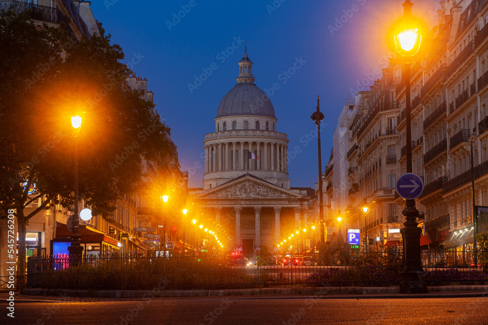 View of the Pantheon building in Paris at sunset time