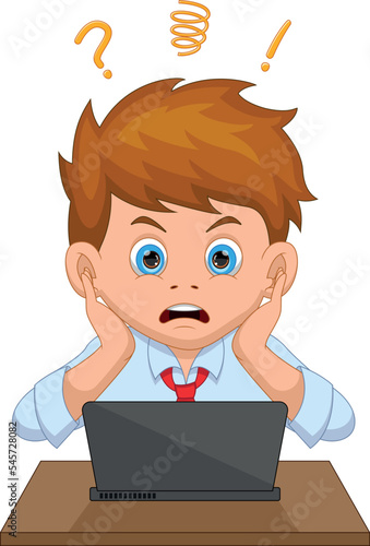 cartoon young businessman shocked in front of the laptop 