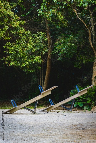 Vertical shot of seesaws on the coast with a forest on the background