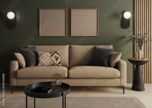 Interior Wallpaper Mockup. Room with green wall and wooden floor with beige modern couch with coffe tables and decorations