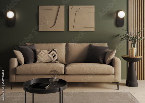 Room with green wall and wooden floor with beige modern couch with coffe tables and decorations