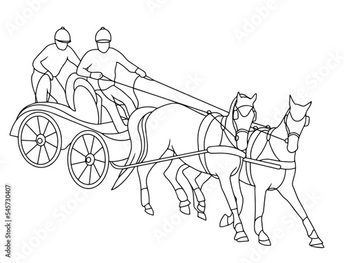 Horse combined driving, Harness racing, horse pair carriage, marathon,  vector pony silhouette, equestrian sport, isolated on white background, harness line art. traditional transportation