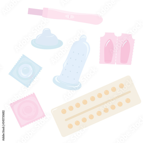 A set of types of contraceptives. Vector stock illustration. Condom, vaginal candles, birth control pills, pregnancy test. Isolated on a white background.