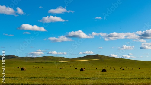 High angle of a large green field with haycocks around, a green hill, cloudy, sunlit sky background photo