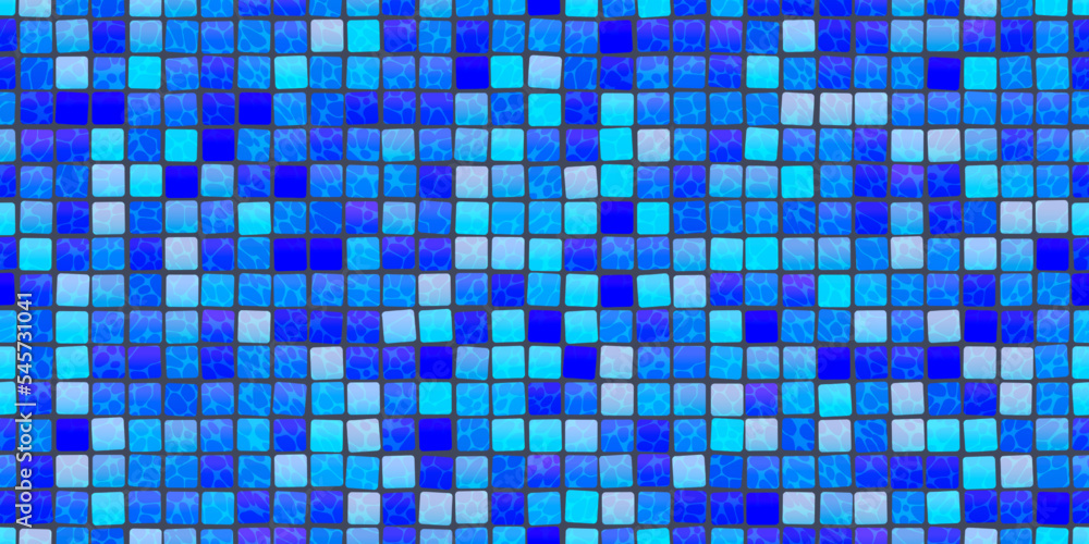 Bright blue swimming pool mosaic tile seamless pattern. Abstract vector background. Shower or kitchen floor and wall decoration. Bathroom with modern interior design. Texture of tiny squares