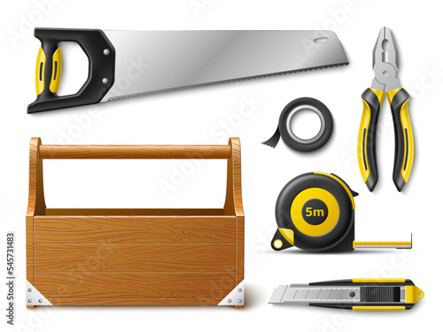 Hand tools. Realistic repairman instruments and wooden storage box, construction tape measure, cutter and saw, pliers and knife, worker objects, 3d isolated elements, utter vector equipment set