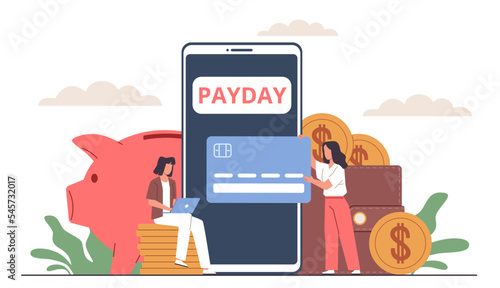 Payday. Loan repayment time, happy employees with plastic bank card, huge coins and smartphone and tiny people, remote online payments, investment income, nowaday vector cartoon concept