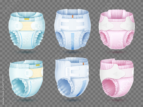 Realistic baby diapers. Absorbent cotton accessory angle view 3d isolated, different types, mounts and colors, new born body care, newborn hygiene, comfort and breathable, utter vector set