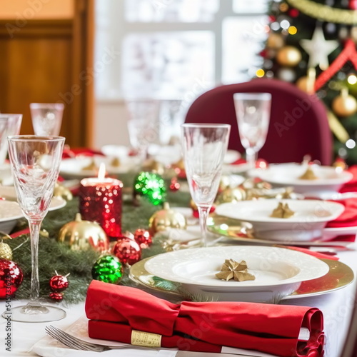 Christmas dinner setup with Christmas tree in the background digital 3D illustration