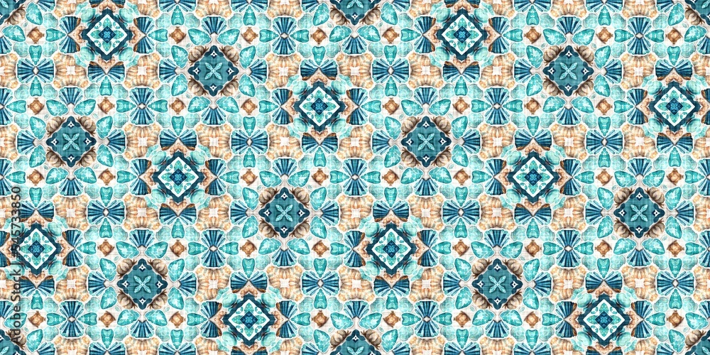 Teal beach house border in coastal style patchwork pattern. Modern nantucket summer printed edging time fabric. Banner ribbon in seamless repeat.