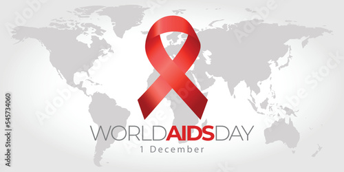 Vector in rectangular format of a red ribbon, symbol of world aids day on the world map. december 1st hiv day. Support for HIV positive people
