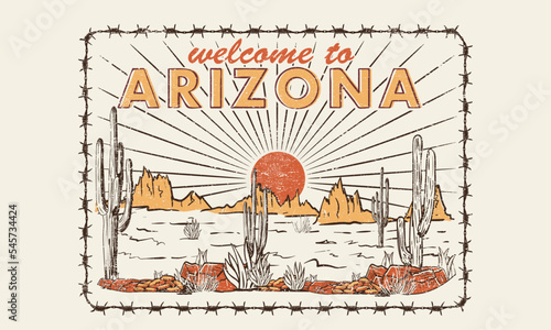 Arizona desert vibes vintage graphic print design for t shirt, poster, sticker and others. Desert road trip vector artwork. Steel barbed wire.