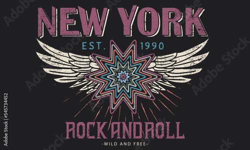 Rock and roll vector t-shirt design. Eagle wing vintage music poster artwork. New york music tour vector print illustration.