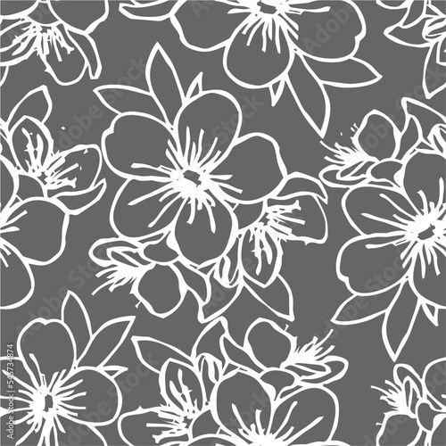 seamless pattern of white contours of flowers on a gray background  texture  design
