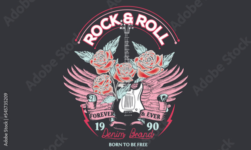 Rock and roll vector t-shirt design. Rose vintage music poster artwork. Guitar and eagle wing rock and roll vector print illustration.