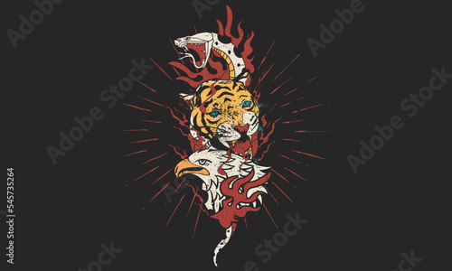 Animal face vector t-shirt design. Eagle, tiger face and snake vintage  artwork.
