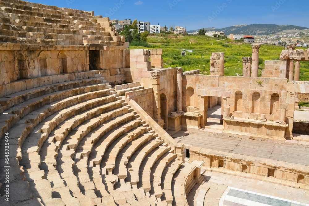 Ruins of the ancient Roman theatre of Nymphaeum in the Roman city of Gerasa, Jordan