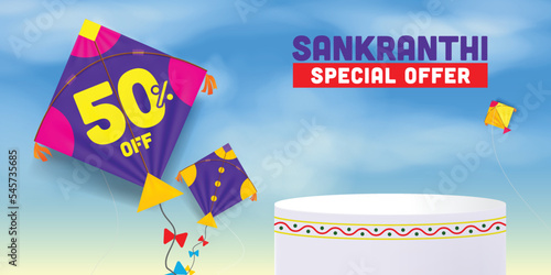 Sankranti special offer on kite product podium. sankranti kites flying in the sky