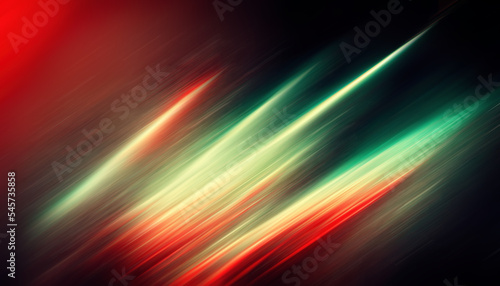 Light motion. Bokeh rays. Blur glow. Defocused red green yellow color gradient radiance on dark black collage abstract background.