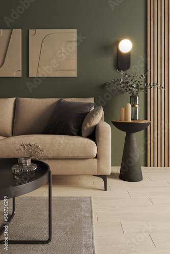 Pokój z zieloną ścianą i drewnianą podłogą z beżową nowoczesną kanapą ze stolikami kawowymi i dekoracjami