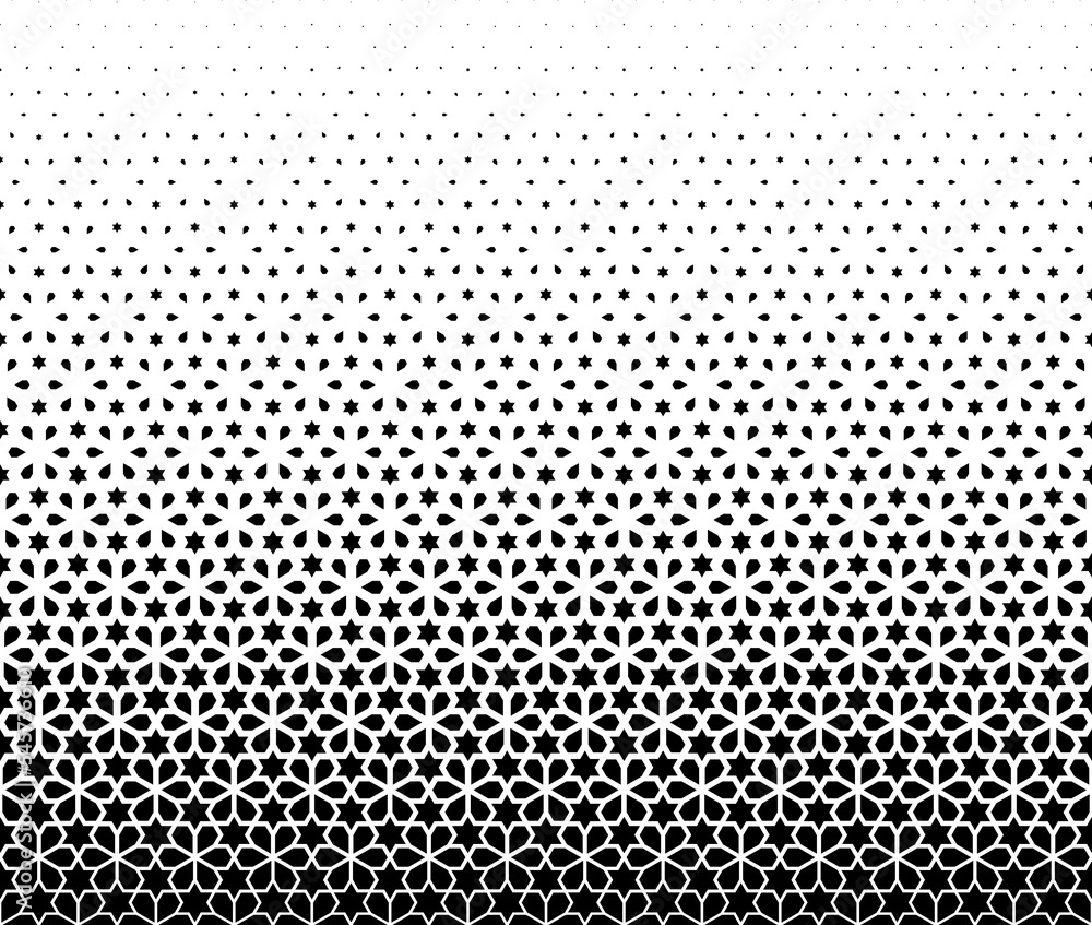 Geometric pattern of black figures on a white background. Seamless in one direction.SCALE method Geometric pattern of black figures on a white background. Seamless in one direction.SCALE method