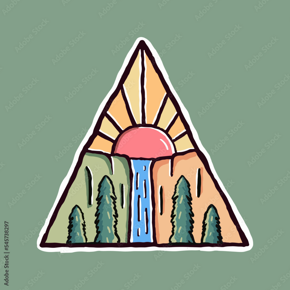 nature waterfall with sunrise, design for for t-shirt, sticker, badge, etc nature waterfall with sunrise, design for for t-shirt, sticker, badge, etc