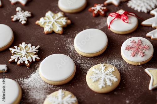 Photorealistic AI generated digital artwork of delicious Christmas cookies in various shapes