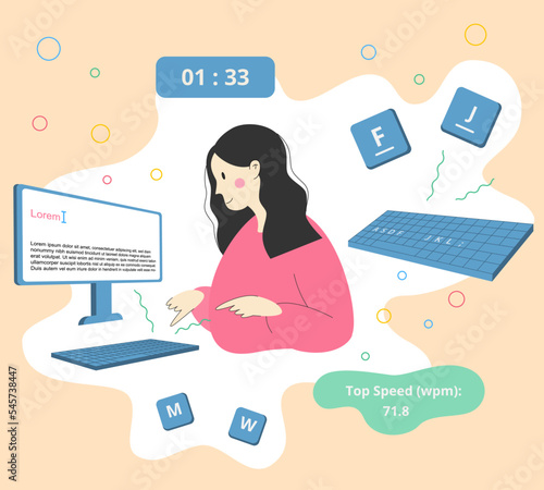 woman is learning to blind type fast on keyboard. Top speed (wpm). time fast typing.