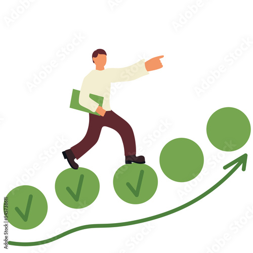 Project tracking, goal tracker, task completion or checklist to remind project progress. Person going up on steps. Development, progress. Vector stock illustration.