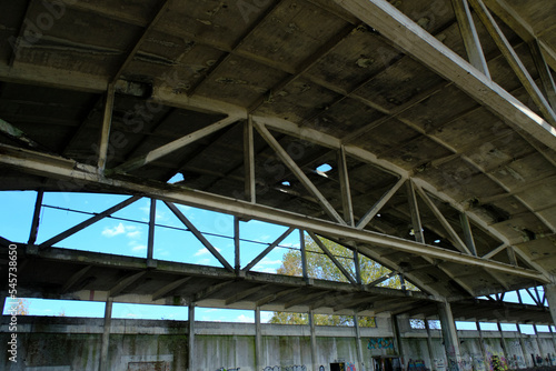 Metal structures German air hangars  abandoned military airfield Notif on Baltic spit.