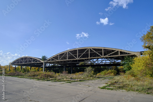 Metal structures German air hangars, abandoned military airfield Notif on Baltic spit.