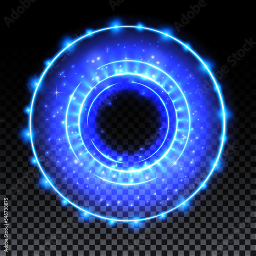 Fototapeta Naklejka Na Ścianę i Meble -  Blue hologram portal. Magic fantasy portal. Magic circle with halo effect. Vector blue glow scifi teleport with sparks and hologram, technology background.