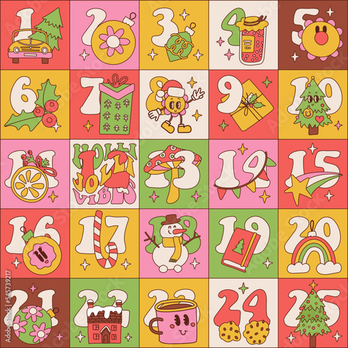 Groovy Christmas advent calendar square template. Trippy hippy retro holiday season decoration xmas day celebration. Contour hand drawn vector illustration