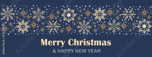 Merry Christmas and Happy New Year horizontal blue banner with snowflakes and stars