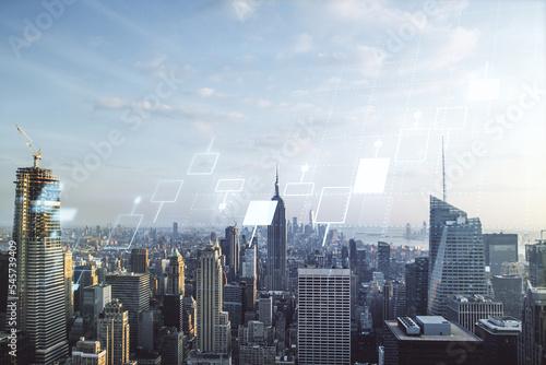Multi exposure of abstract virtual financial graph hologram on New York skyline background, forex and investment concept