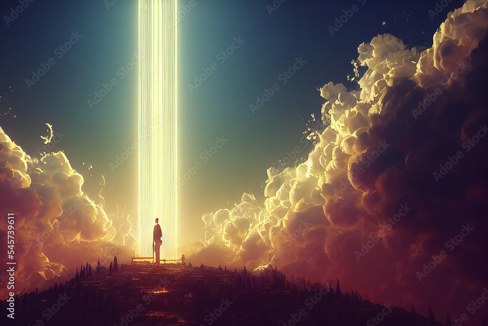 3d render of Gates lights of heaven in fog above blue sky background - obrazy, fototapety, plakaty 