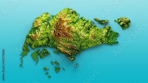 Canvas Print 3D render of a topographic Singapore map with hypsometric elevation on a blue ba