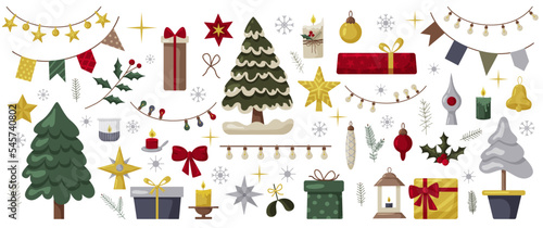 Set of Christmas icons. Christmas tree, gift boxes, bells and candles. Flat boho colorful vector illustration. Holiday objects collection illustration. Element Design For Greeting Card boho style.