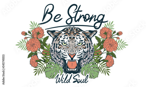 Leopard face with flower design, tropical flower with animal artwork. 