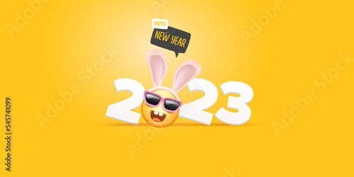 2023 Happy new year horizontal banner with funny smile face with rabbit ears and sunglasses isolated on orange background. 2023 new year banner, poster, flyer, cover with funny cute rabbit