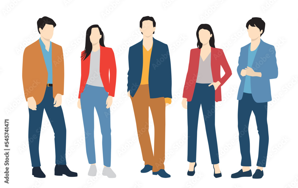 Fototapeta premium Set of young men and women, different colors, cartoon character, group of silhouettes of standing business people, students, the design concept of flat icon, isolated on white background