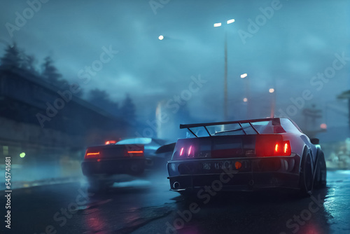 3d render of highspeed vehicle in cybepank style in night city with rain © terra.incognita