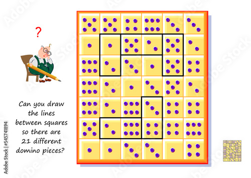 Logic puzzle for children and adults. Can you draw the lines between squares so there are 21 different domino pieces? Educational game. Page for kids brain teaser book. Task for attentiveness.