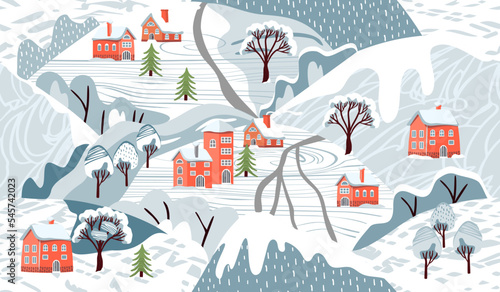 Mountain landscape seamless repeat pattern with snow-covered  rural houses and trees.Winter endless scandinavian wallpaper.Hand drawn print on fabric and paper.Vector flat style cartoon illustration.