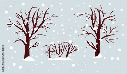 Snow-covered trees and bushes in a realistic style. Blue background with falling snow. Winter clipart set for design posters, banners and postcards.Vector flat style cartoon isolated illustration.
