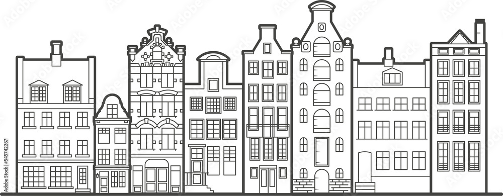 Amsterdam old style houses. Typical dutch canal houses lined up near a canal in the Netherlands. Building and facades for Banner or poster. Outline illustration.