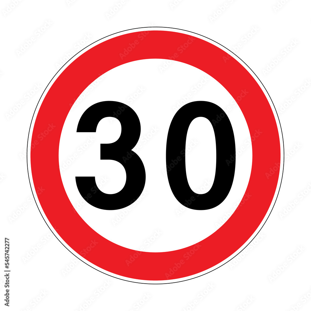 Speed limit 30 km h. Vector illustration of red round traffic sign. Circle road sign with number 30 kmh. Flat style design isolated on white background. Legal maximum speed symbol. Speed limit 30 km h. Vector illustration of red round traffic sign. Circle road sign with number 30 kmh. Flat style design isolated on white background. Legal maximum speed symbol.