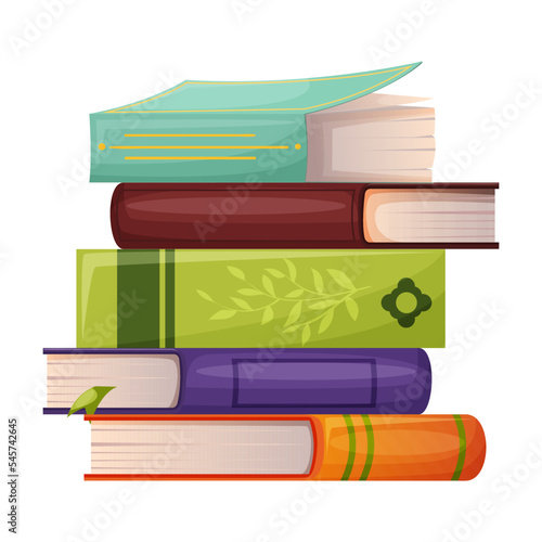 Stack of library books front view. English school literary collection education dictionary, university literature bookstore. Bookshelf of encyclopedia isolated on white background. Vector illustration
