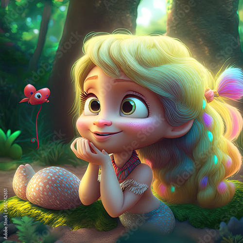 Very beautiful, cute and adorable mermaid character who is in a colorful magic forest.